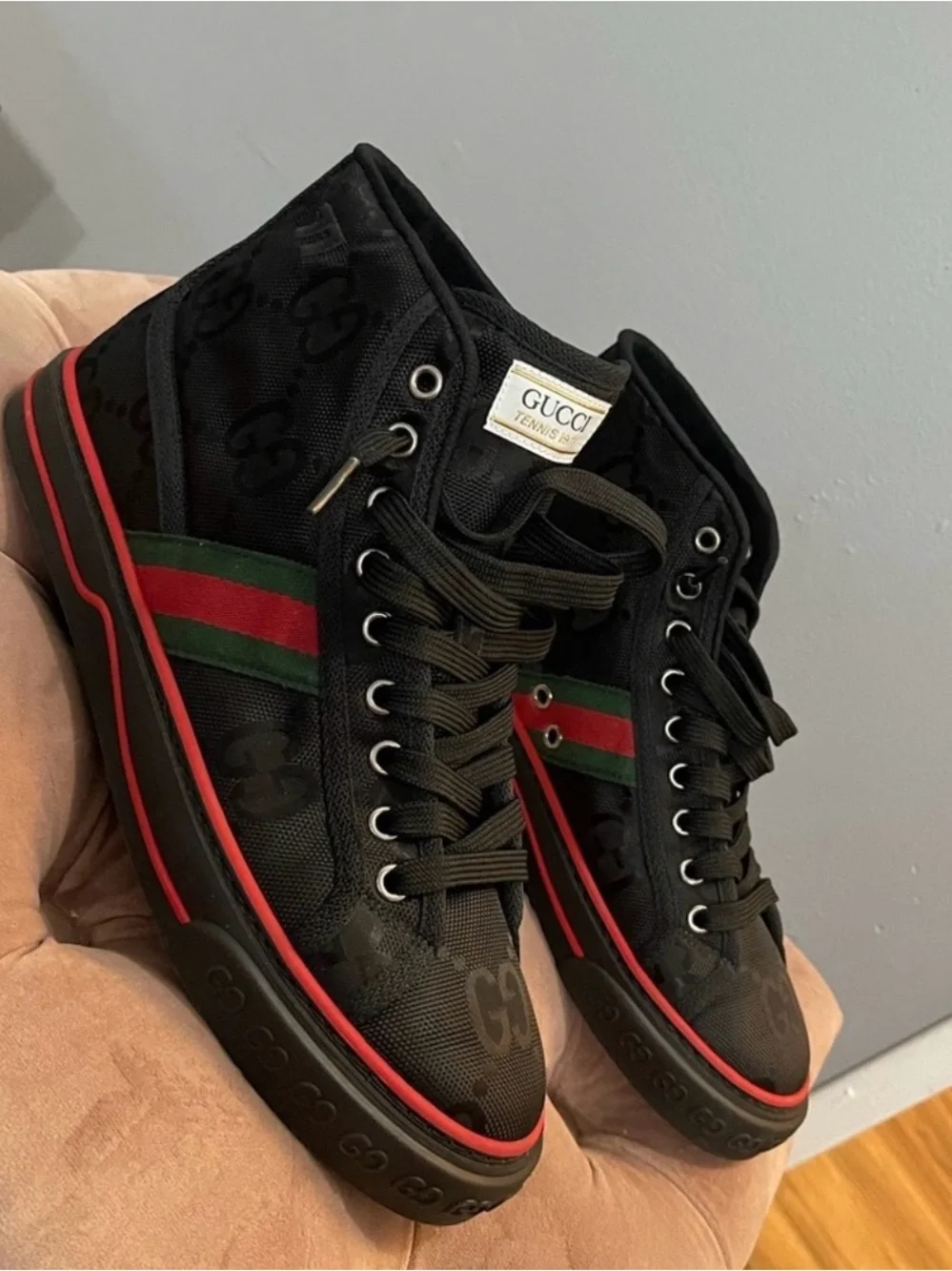 Gucci Black High-Top GG Canvas Sneaker with Green and Red Web Stripe